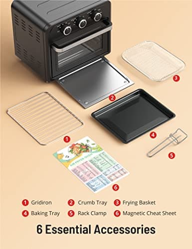 PARIS RHÔNE Air Fryer, 14.8 Quart Toaster Oven, 5-in-1 Convection Oven for 4-Slice Toast, 9-inch Pizza, Knob-Controlled Kitchen Appliance with 6 Accessories, Dishwasher Safe, Black (PE-AF013) 5