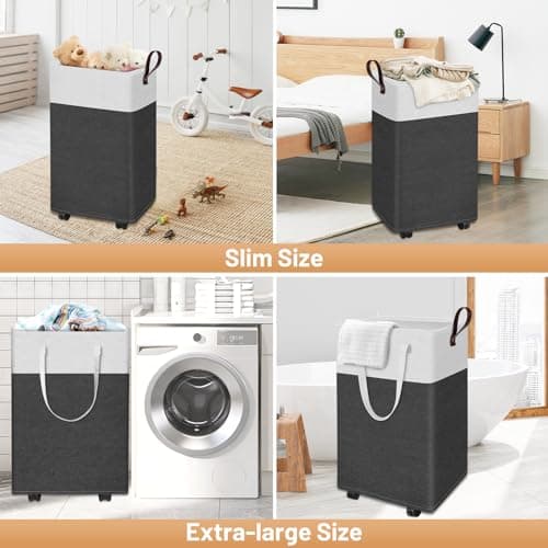 EpicTotes 24.4-Inches Rolling Slim Laundry Basket on Wheels, Collapsible & Waterproof Laundry Hamper, Freestanding Narrow Corner Clothes Bins with Easy Carry Handles for Clothes at Home, Grey 7