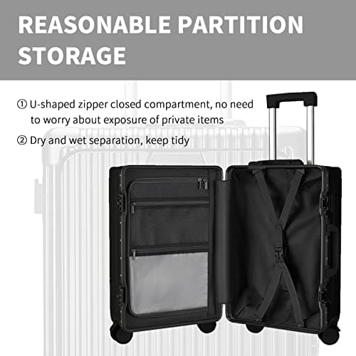 CAARANY Versatile Aluminum Frame Carry-On Luggage with USB Charging Port, Front Compartment, TSA Lock, Airline Approved Carry On Hardside Suitcase with Spinner Wheels (Black, 20inch) 7