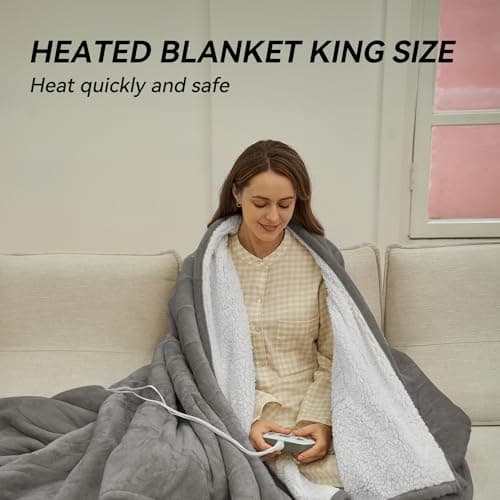 Heated Electric Blanket King Size 90"x100" Anti-Static Flannel and Sherpa Heating Warming Bed Blanket with 10 Heating Levels 12 Hours Auto Off Fast Heating, Grey 6