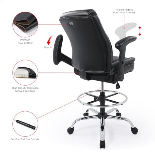 Ergonomic Mid-Back Premium Faux Leather Adjustable Drafting Chair with Multi-Function Arms and Foot Ring, Standing-Desk Matched Tall Swivel Computer Office Stool, Black 6