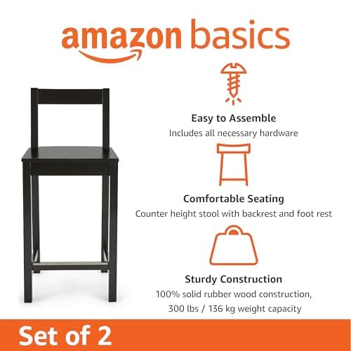 Amazon Basics Wooden Counter Height Bar Stool with Backrest for Kitchen Island, 24", Black, Set of 2 3