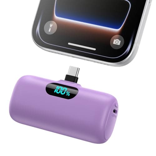 Mini Portable Charger 5000mAh Power Bank, 15w PD USB C Cell Phone Portable Power, LCD Display Battery Pack Compatible with Android Phone/Samsung Galaxy S22,S21/Note/Pixel/OnePlus 9 etc (Light Purple）