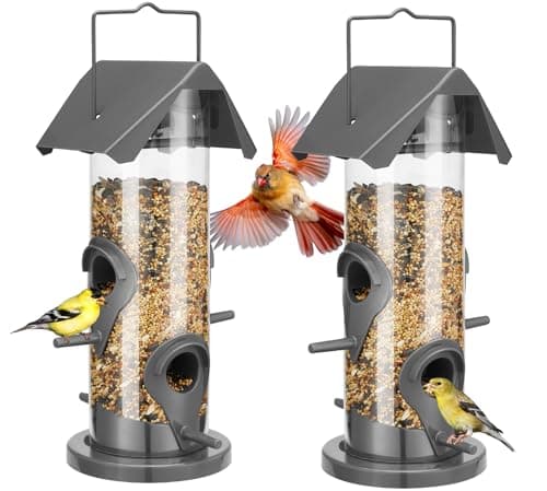 Veehoo 2 Packs 10 inch Tube Bird Feeders for Outdoors Hanging-Wild Bird Feeder Tube with 4 Feeding Ports for Outside Hanging, Plastic Weatherproof Hanger Bird Feeder-Hanging Bird Finch Feeders Grey