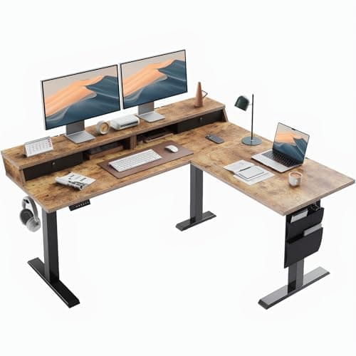 ErGear L Shaped Electric Standing Desk, 63" Ergonomic Corner Height Adjustable Desk with Drawers, Sit Stand Computer Table with Storage for Work Office Home, Vintage Brown