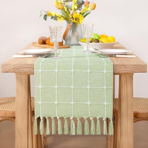 Socomi Farmhouse Macrame Plaid Coffee Table Runner - 48x13 inches, Cotton, Rustic Sage Green with Tassels for Boho Home Decor