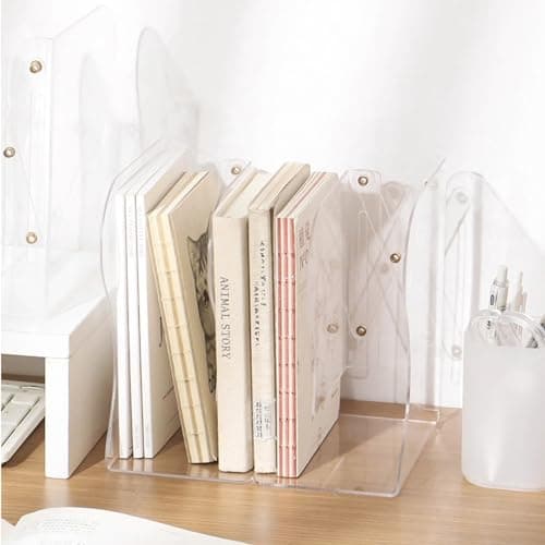 Adjustable Book Ends, Plastic Bookends with 2 Dividers, Clear Bookends for Shelves, Desk Book Holder for Heavy Books, Expandable Book Ends Book Organizer for Desk Office Home and School Use 6