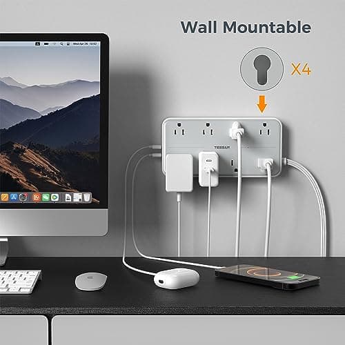 TESSAN Power Strip Surge Protector, Flat Plug Extension Cord with 8 Outlets 3 USB Charger(1 USB C), 1080 Joules Protection, Wall Mountable Charging Station for Home Office School Dorm Room Essentials 6