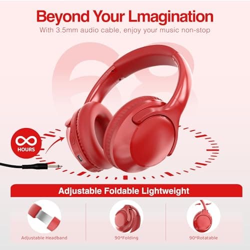 MIDOLA Bluetooth Headphones Over Ear 68H Playtime 6 EQ Wireless Headset with Microphone HiFi Stereo Foldable Lightweight Deep Bass for Travel Home Office Cellphone Red 6
