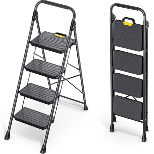 KINGRACK 4 Step Ladder, Sturdy Steel Step Stool with Anti-Slip Wide Pedals, Handrail, Safe-Lock Design, Pass 800lbs Load Testing, Folding Portable Ladder for Multi-Purpose, Home, Kitchen, Black
