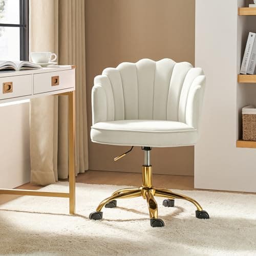 HULALA HOME Velvet Home Office Desk Chair with Gold Base, Adjustable Swivel Task Chair for Vanity, Women's Modern Cute Shell Back Upholstered Design, for Living Room, Ivory 8