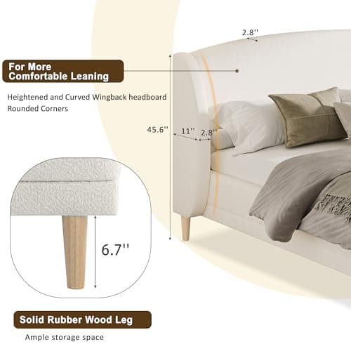 Christopher Knight Home Hazel King Size Bed Frame, Upholstered Platform Bed, Soft Boucle Wingback Headboard, Wood Bed Support and Slats, Curved-Shaped Headboard King Beds for Adult, 45.60" H White 7