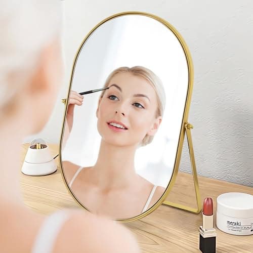 Numjeg Vanity Desk Table Mirror Oval Makeup Mirror 90°Adjustable Rotation Golden Metal Framed Standing Mirrors Room Decor for Living Room,Bedroom,Tabletop,Bathroom 5