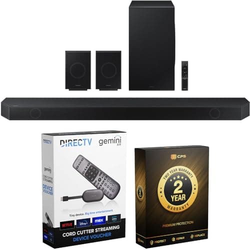Samsung HW-Q990D Q-Series 11.1.4 ch. Wireless Dolby Soundbar with Q-Symphony (2024 Model) Bundle with Redeemable DIRECTV Gemini Air Streaming Device and 2 YR CPS Enhanced Protection Pack