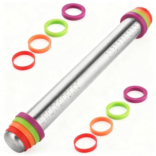 Stainless Steel Rolling Pin with Adjustable Thickness Rings - 4 Interchangeable Sizing Bands for Dumplings/Pasta/Cookies - Nonstick Kitchen Baking Tool
