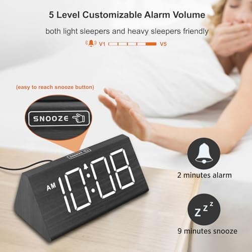 DreamSky Wooden Digital Alarm Clocks for Bedrooms - Electric Desk Clock with Large Numbers, USB Port, Loud Alarm for Heavy Sleepers, Adjustable Volume, Dimmer, DST, Wood Décor Gifts, Adapter Powered 6