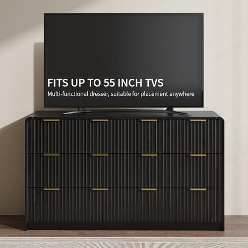 SINROM Black Dresser for Bedroom, 55" Fluted Dresser with Gold Handles, 6 Drawer Double Dressers, Modern Chest of Drawers for Bedroom, Closet 8