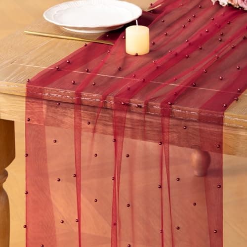 DeZerlor Pearl Red Gauze Table Runner Boho Romantic Spring Easter Cheesecloth Table Runner 10ft Rustic Tulle for Wedding Bridal Baby Shower Parties Decorations