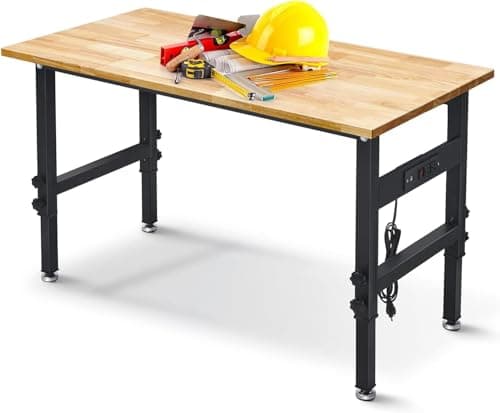 48" Workbench Desk with Power Outlets, Adjustable Height Rubber Wood Top Heavy-Duty Work Table, 2000 LBS Load Capacity Work Station for Garage, Workshop, Office, Home
