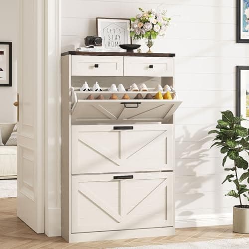 Halitaa Shoe Cabinet with 3 Flip Drawers & 2 Drawers,Freestanding Shoe Storage Cabinet for Entryway,Farmhouse Narrow Slim Organizer Rack for Foyer,Hallway,White