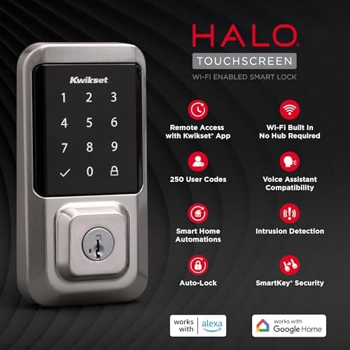 Kwikset Halo Wi-Fi Smart Lock, Keyless Entry Door Deadbolt, Geofence Auto-Unlock, Grade AAA Certified, No Hub Required Easy Install, Satin Nickel Lifetime Finish Warranty, Touchscreen 11