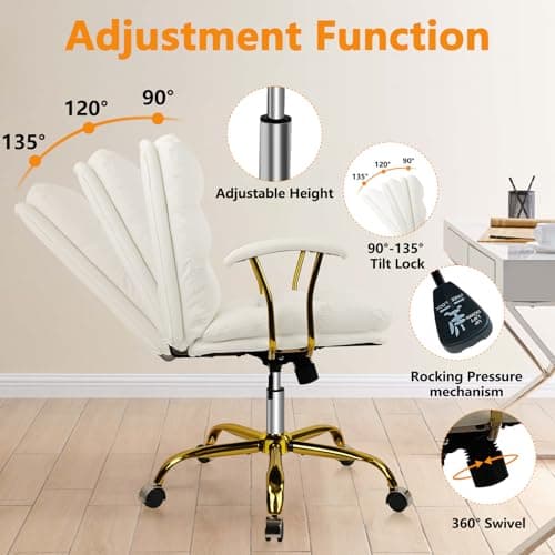 KLASIKA Leather Home Office Desk Chair, Mid-Back Vanity Chair Make Up Chair with Gold Wheels & Removable Armrests, Rolling Swivel Computer Task Chair for Office Bedroom Living Room Girls Women, White 9
