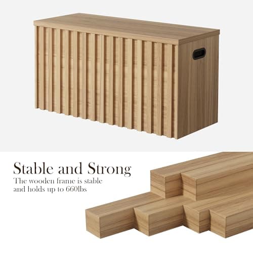 UEV Storage Bench,39.4" Wood Box, Storage Trunk with 2 Safety Hinges, Ottoman Storage Chest, Fluted Storage Bench for Bedroom, Entryway, Living Room(Natural Wood) 4