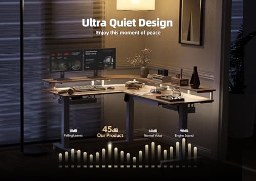 Claiks 63" L Shaped Standing Desk with Drawers and LED Lights, Height Adjustable Electric Corner Standing Desk with Monitor Stand & Power Outlet, 4 Memory Preset, Nature 7