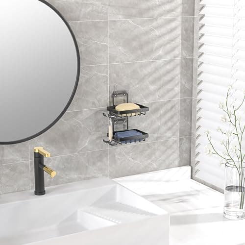 Moforoco Double Soap Bar Holder for Shower, No Drilling, 304 Stainless Steel, Wall Mounted Soap Holder with 4 Hooks and Razor Holder, Shower Rack Soap Tray Bar Soap for Bathroom Accessories Organizer 6