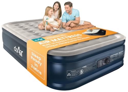 Dr. air Queen Air Mattress, 18” Raised Inflatable Bed with Built-in Pump, Waterproof Velvety Top, Ergonomic Design, Reinforced Support, and Carry Bag for Home, Camping, and Guests