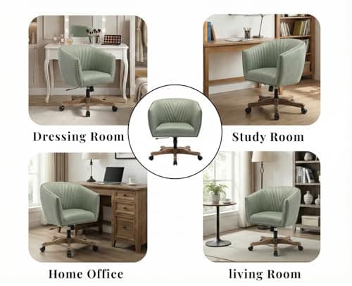 QUINJAY Green Faux Leather Home Office Desk Chair, Upholstered Barrel Swivel Adjustable Arm Desk Chair with Nailheads, Comfy Mid-Back Study Chair with Silent Wheel for Study Office Computer 6