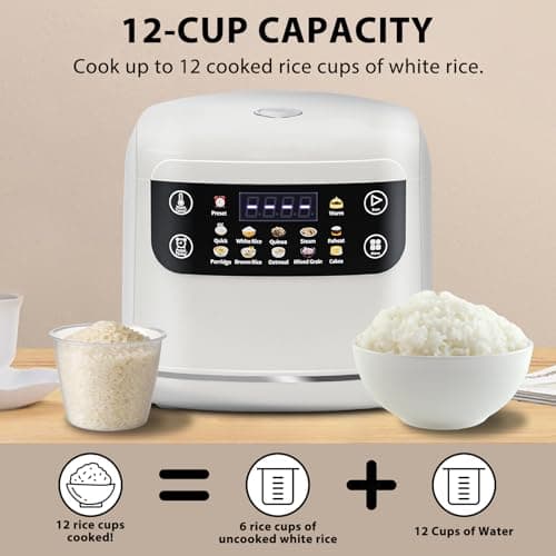 Portable Digital Rice Cooker, 6-Cup (Uncooked)/12-Cup (Cooked) Small Rice Maker with Steaming Basket, Mini Rice Cooker with 2L Removable Nonstick Inner Pot, 10 Menu Options, Auto Keep Warm, 24 Hour Delay Timer, White 8