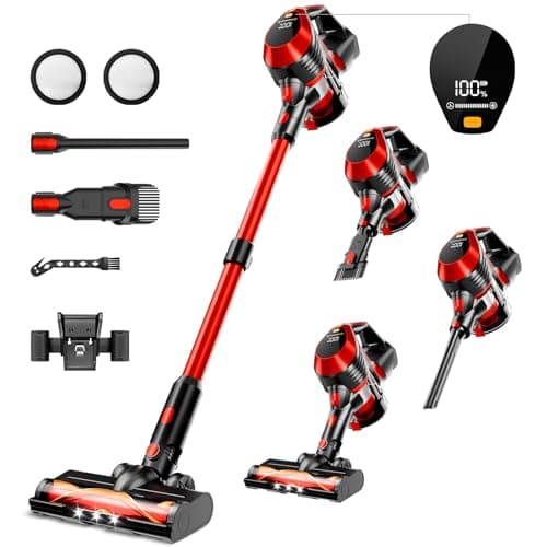 BSNAW Cordless Vacuum Cleaner - Lightweight, 35Kpa Home Stick Vacuum, Smart Display & Removable Battery, Up to 45 Mins, 8 in 1 Portable Handhled Vacuum, Wall Mount Charging for Hardfloor, Carpet Red