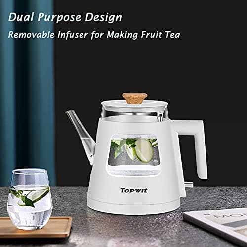 TOPWIT Electric Kettle, 1.0L Electric Tea Kettle with Removable Stainless Steel Infuser, BPA-Free Electric Glass Kettle with Window, Double Wall Water Warmer, Gooseneck, Auto-shut Off, White 5
