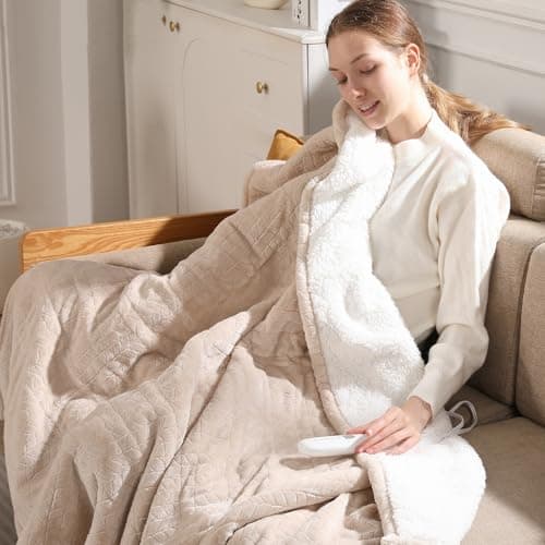 Electric Blanket Queen 84"x90" Heated Blanket Queen Size Dual Control Wheat Pattern Ultra-Soft Flannel & Thick Sherpa with 5 Heat Settings & 10H Auto Off, FCC/ETL Certified, Machine Washable, Beige
