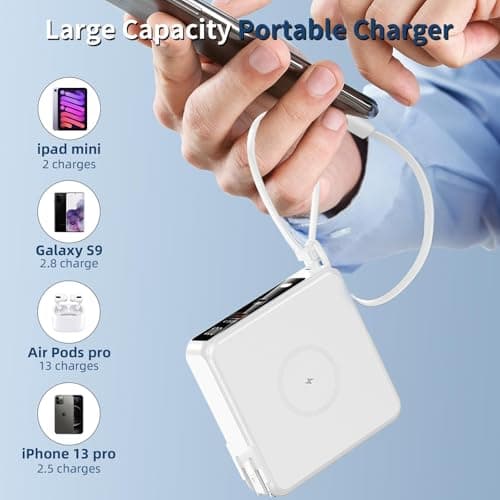 Portable Charger with Built-in Cables&AC Wall Plug10000mAh Wireless Charging(No-Magnetic) Power Bank PD 22.5W Fast Charging USB C Battery Pack for iPhone 17/16/15/14/13 Series, Samsung S23 S22 Android 6