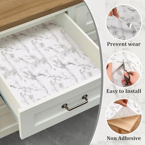 Viseeko Shelf and Drawer Liner for Kitchen Cabinet, 12 in x 10 ft Non-Adhesive Cabinet Liners for Shelves, Strong Grip Shelf Paper Non-Slip Waterproof Easy to Cut for Dresser Cupboard, Marble 8
