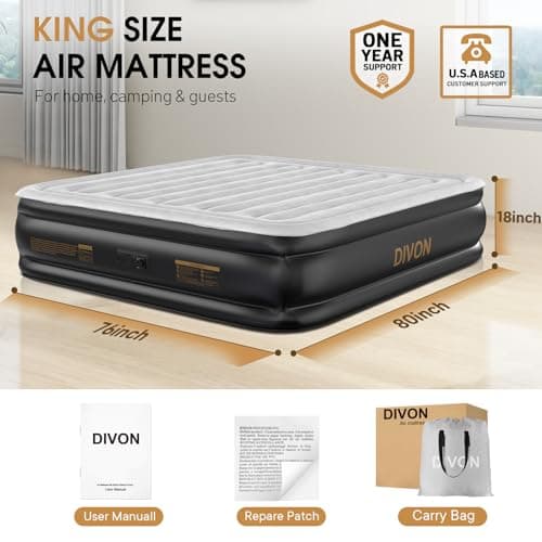 DIVON King Size Air Mattress with Built in Pump Raised,18’’King Air Mattress with Wave Pattern,Blow Up Mattress in 3 Mins,Self Inflatable Mattress for Camping,Floor&Travel,Portable Air Bed for Adults 6