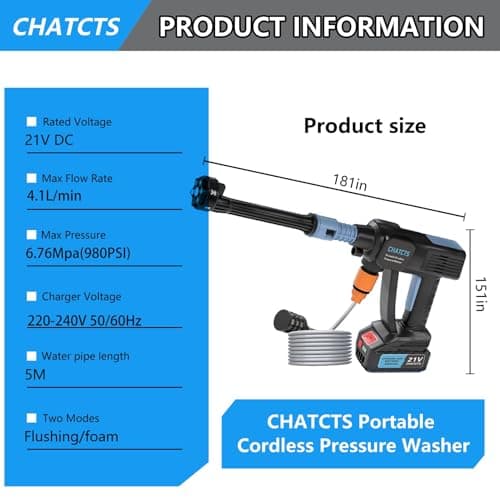 Portable Cordless Pressure Washer, 980PSI Cordless Car Pressure Washer with 2 Batteries, 6 in 1 Nozzle, 5 Meter Hose, for Watering, Cleaning, Car Washing, Floor Washing 7