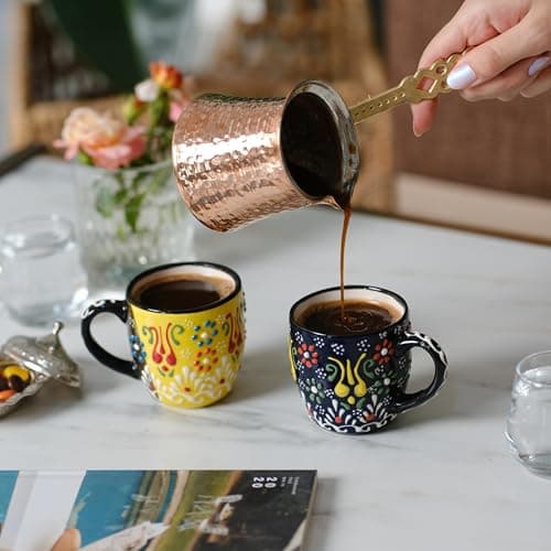 Espresso Cups Set of 2 | 4 oz Small Espresso Cups | Turkish Tea Cups | Demitasse Mugs with Handle | Modern Stackable Ceramic Espresso Mugs Set (Yellow/NavyBlue) 9