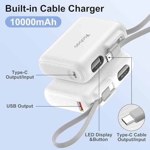 Yoobao Portable Charger with Built in Cable USB C, 10000mAh Power Bank Fast Charging, LED Display Cell Phone Travel Essentials, Battery Pack for iPhone/15/16 for Android 5