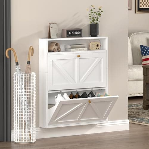 STEELIST Metal Shoe Cabinet with 2 Flip Drawers, White Freestanding Shoe Cabinet Organizer with Open Storage, Slim Narrow Shoe Organizer Cabinet for Entryway, Slim Entryway Storage Solution 7