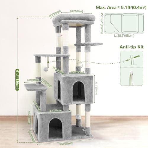 Globlazer Cat Tower for Indoor Cats, Heavy Duty Cat Trees for Large Cats Adult Big Cats Maine Coon Cat Tree Tower with Scratching Post, Extra Large Top Perch, Cat Condos, F61, Light Grey, 61inch 6