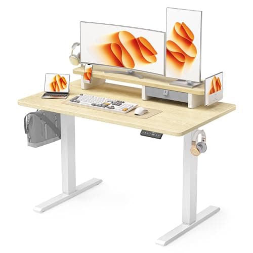 WALKINGDESK 40x24 Inches Electric Standing Desk with Drawer and Monitor Stand, Height Adjustable Stand up Desk for Home Office, Ergonomic Sit to Stand Table with Phone Holder, 3 Hooks, Oak