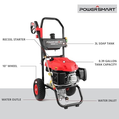 PowerSmart Gas Pressure Washer - 3300 PSI, 2.5 GPM with Onboard Soap Tank, Spray Gun & Wand, and 5 Nozzles - Perfect for Cleaning Cars, Fences, Driveways, Homes, Patios & Furniture 6