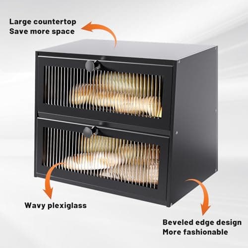 JUATPNIY Bread Box for Kitchen Countertop,Extra Large 2 Layer Breadbox Wooden Farmhouse Bread Storage Container Bread Bin Bread Holder Food Organizer Pantry Shelf Acrylic Window(Black) 9