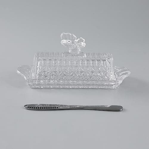 HOWOK Glass Butter Dish with Lid and Stainless Steel Butter Knife, Butterfly Handle Thick Cover, Butter Holder, 8.1”x 2.6” 5