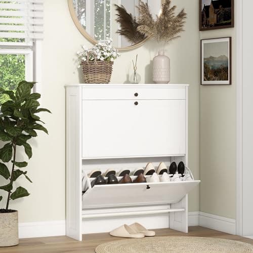 FTZxHKLX Shoe Cabinet with 2 Flip-Up Doors & Drawer, Slim Shoe Cabinet with Adjustable Shelves & Elevated Design, Freestanding Narrow Shoe Storage Organizer for Entryway, Hallway, Foyer, White 4