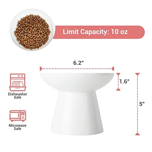 CEEFU Extra Wide Elevated Ceramic Cat Bowl - 6.2" Shallow Dish for Whisker Fatigue Relief, 5" Height for Easy Feeding, Lead & Cadmium Free, Durable Raised Cat Food Bowls, White 5