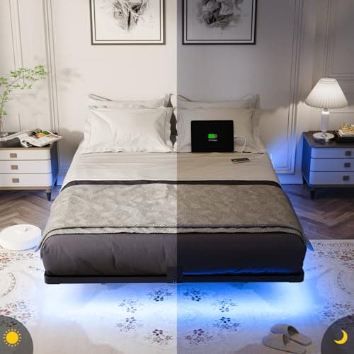 OLEVS Floating Bed Frame Full Size with Smart LED Lights and Charging Station - Modern Metal Platform Bed, Easy Assembly No Box Spring Needed 8